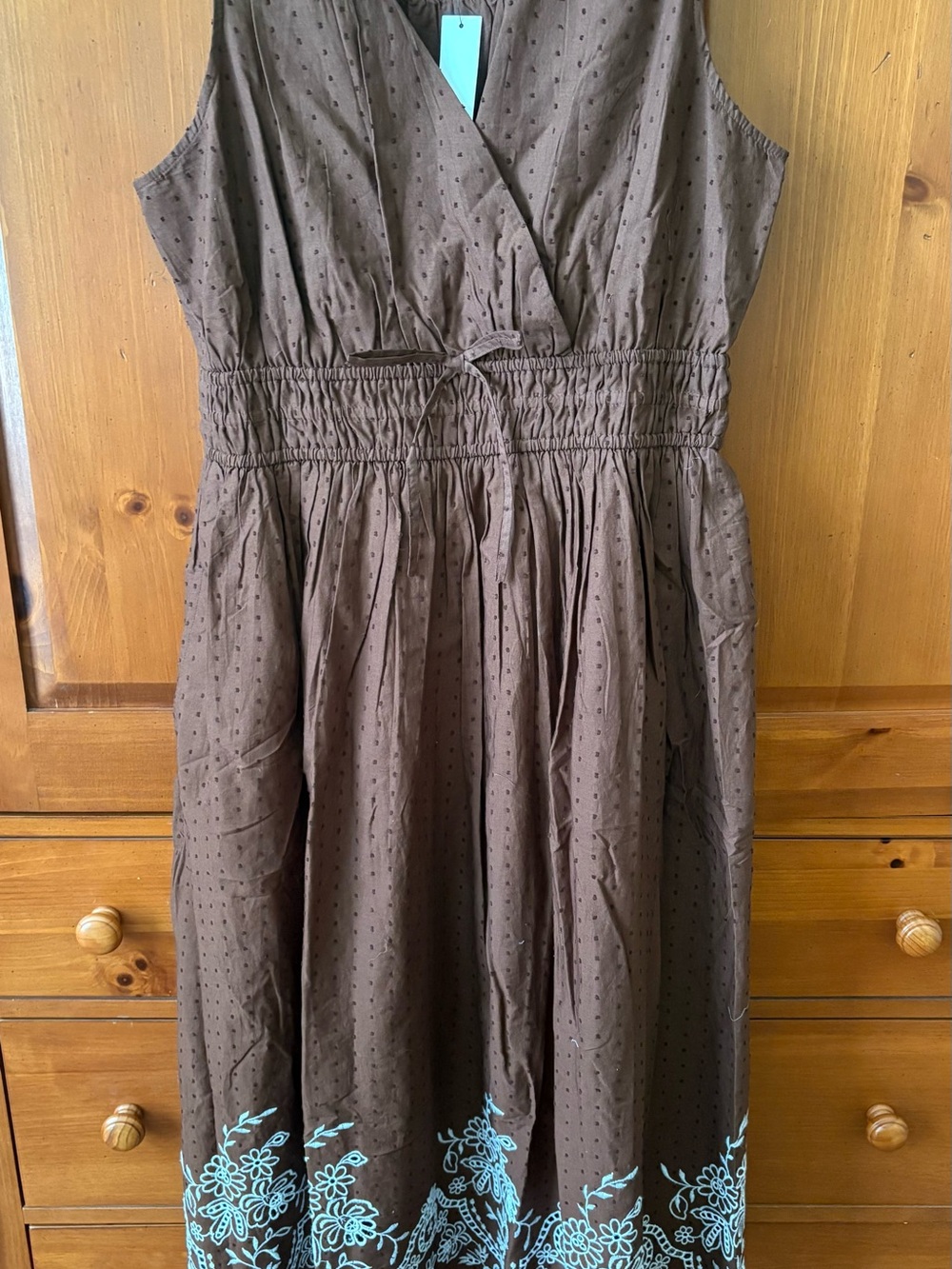 Brown Sleeveless Cotton Dress with white Embroidery